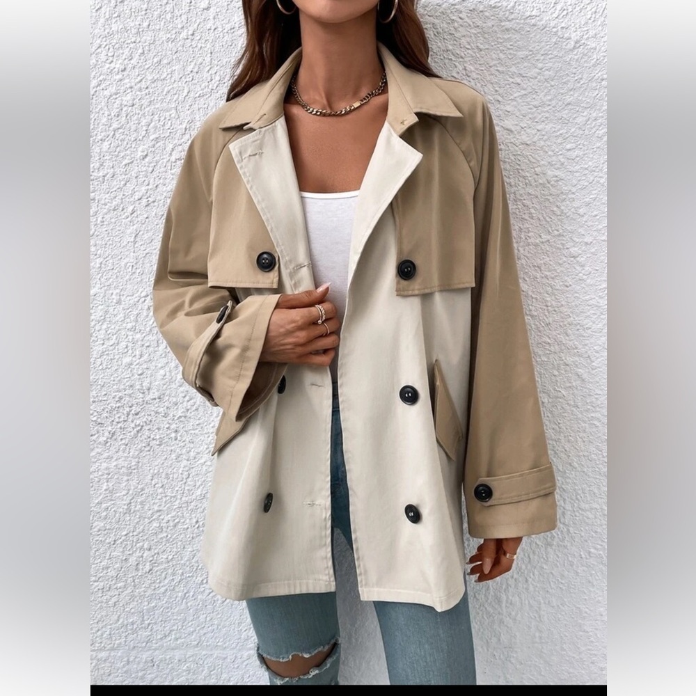 SHEIN Essence Two Toned Raglan Sleeve Double Breasted Trench Coat Woman’s SZ S